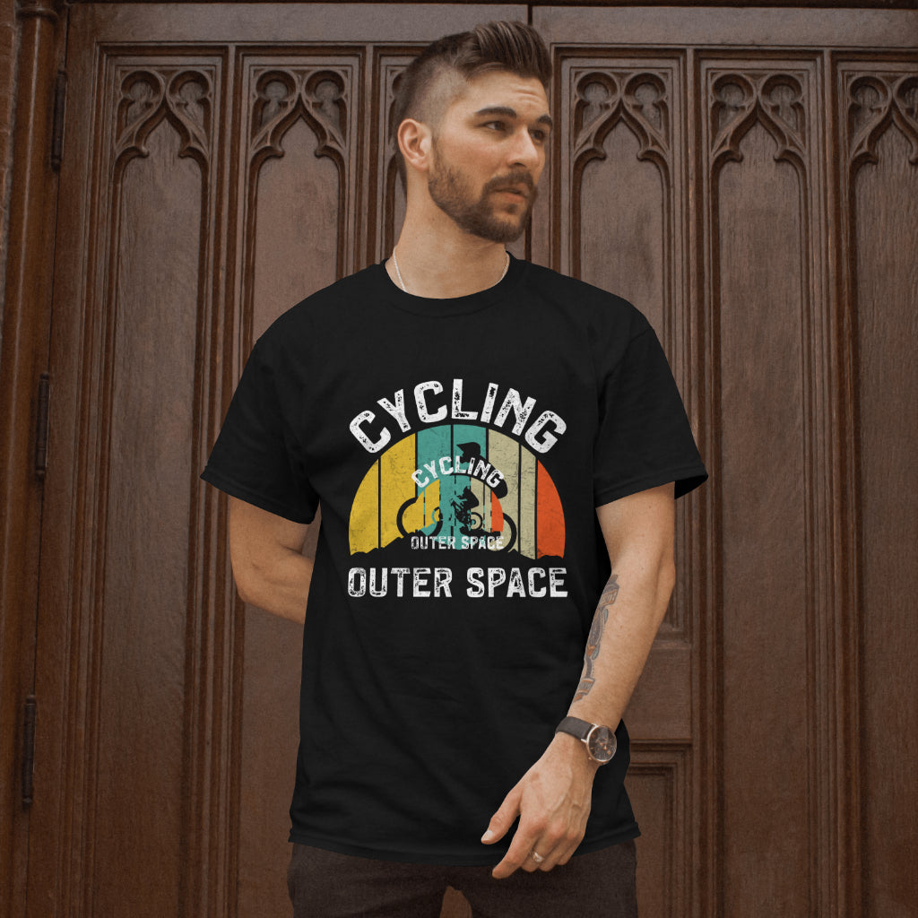 Cycling Outer Space Vintage T-Shirt – Astronaut Biker Retro Galaxy Tee – Sci-Fi Space Lover Gift – Printed in USA