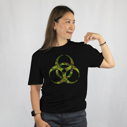 Biohazard Symbol Camouflage T-Shirt. Tactical Hazard Warning Unisex Tee