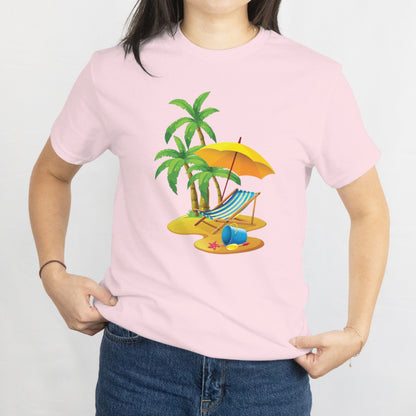 Beach Scene T-Shirt - Relaxing Chair & Umbrella Coastal Summer Graphic Tee, Vacation Beach Lover Gift