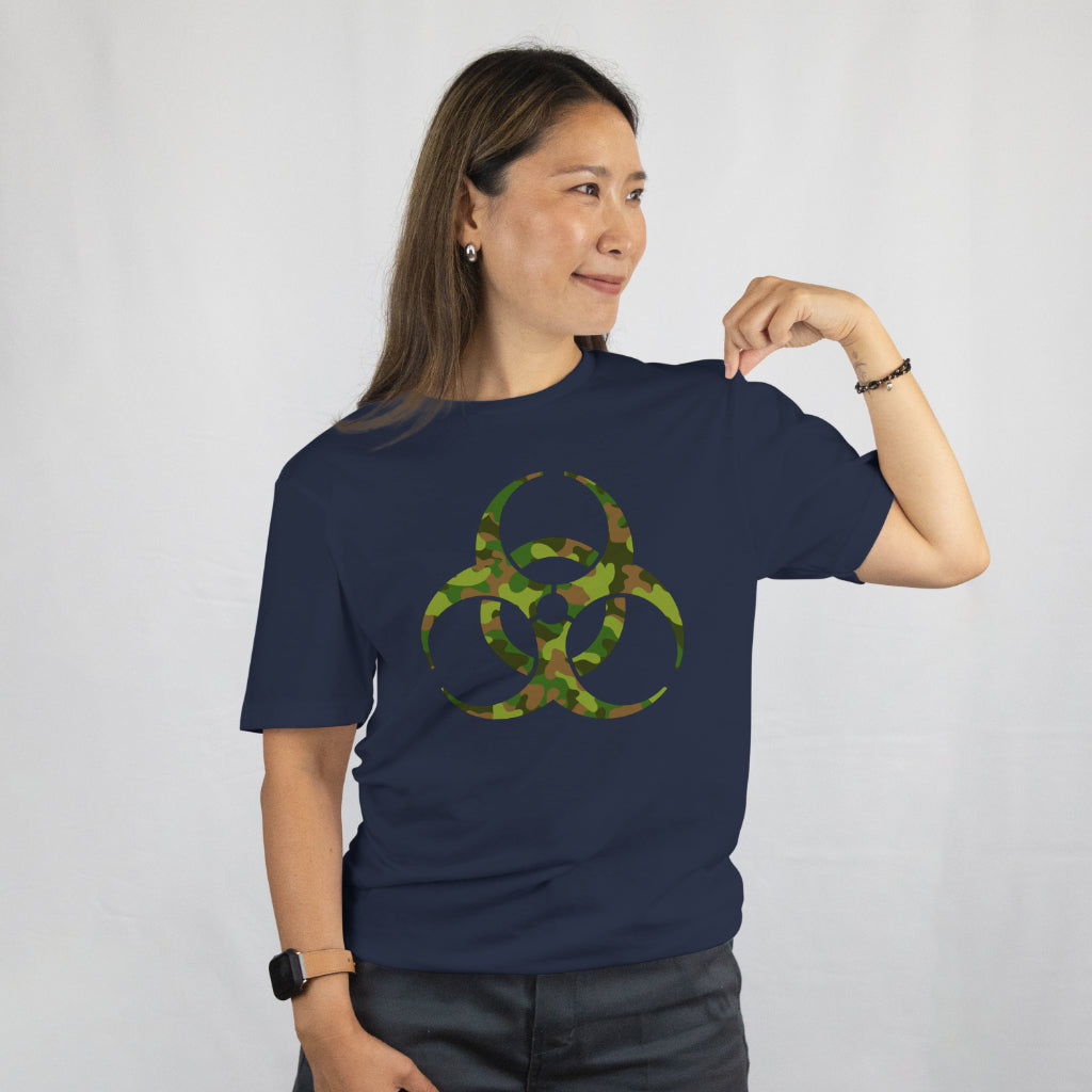 Biohazard Symbol Camouflage T-Shirt. Tactical Hazard Warning Unisex Tee