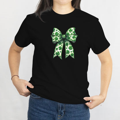 Retro Coquette Bow St. Patrick’s Day Unisex Tee – Lucky Clover Vintage Shirt