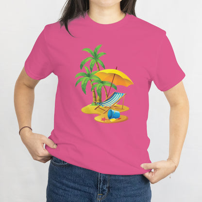 Beach Scene T-Shirt - Relaxing Chair & Umbrella Coastal Summer Graphic Tee, Vacation Beach Lover Gift