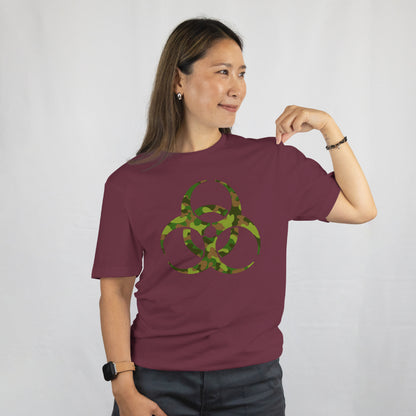 Biohazard Symbol Camouflage T-Shirt. Tactical Hazard Warning Unisex Tee