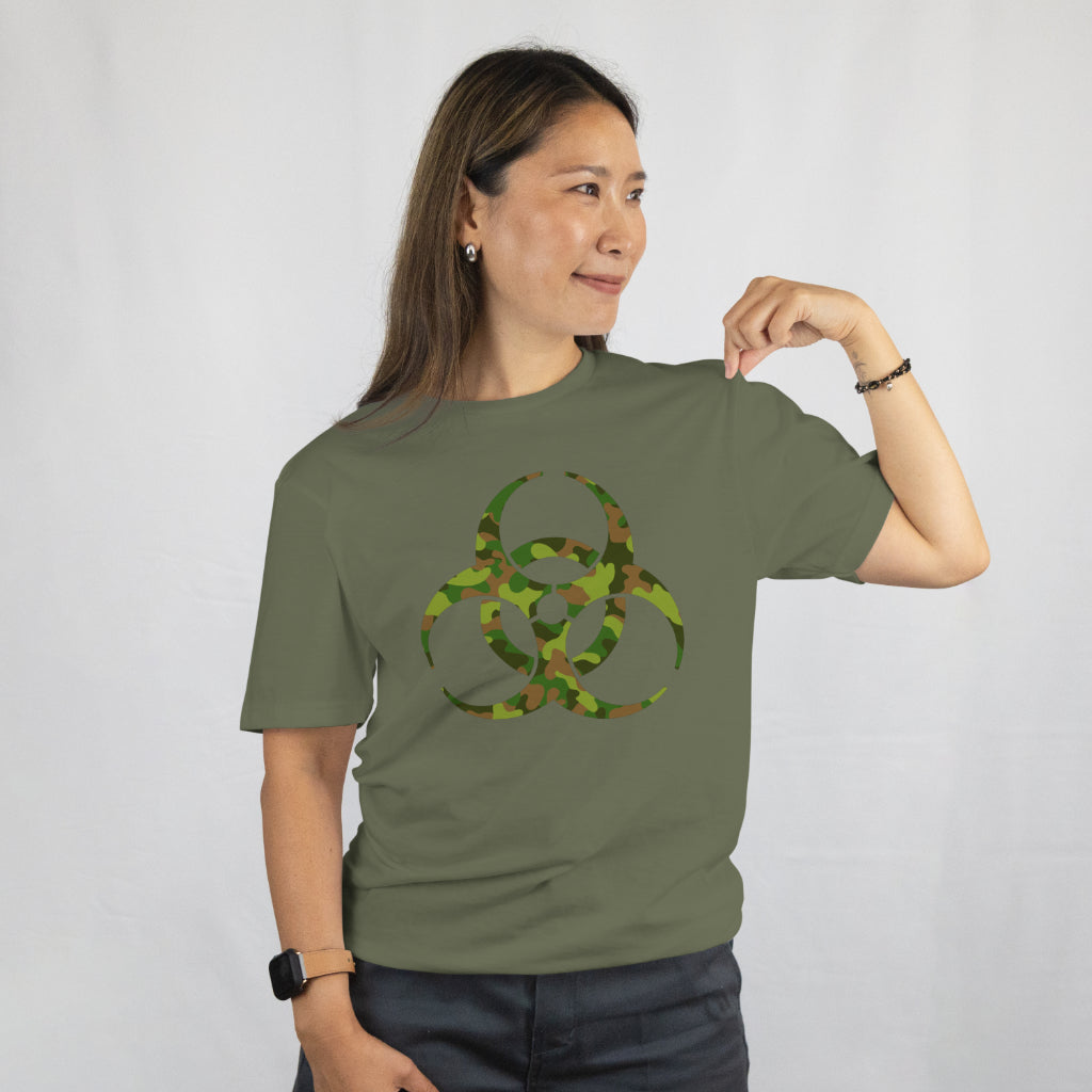 Biohazard Symbol Camouflage T-Shirt. Tactical Hazard Warning Unisex Tee