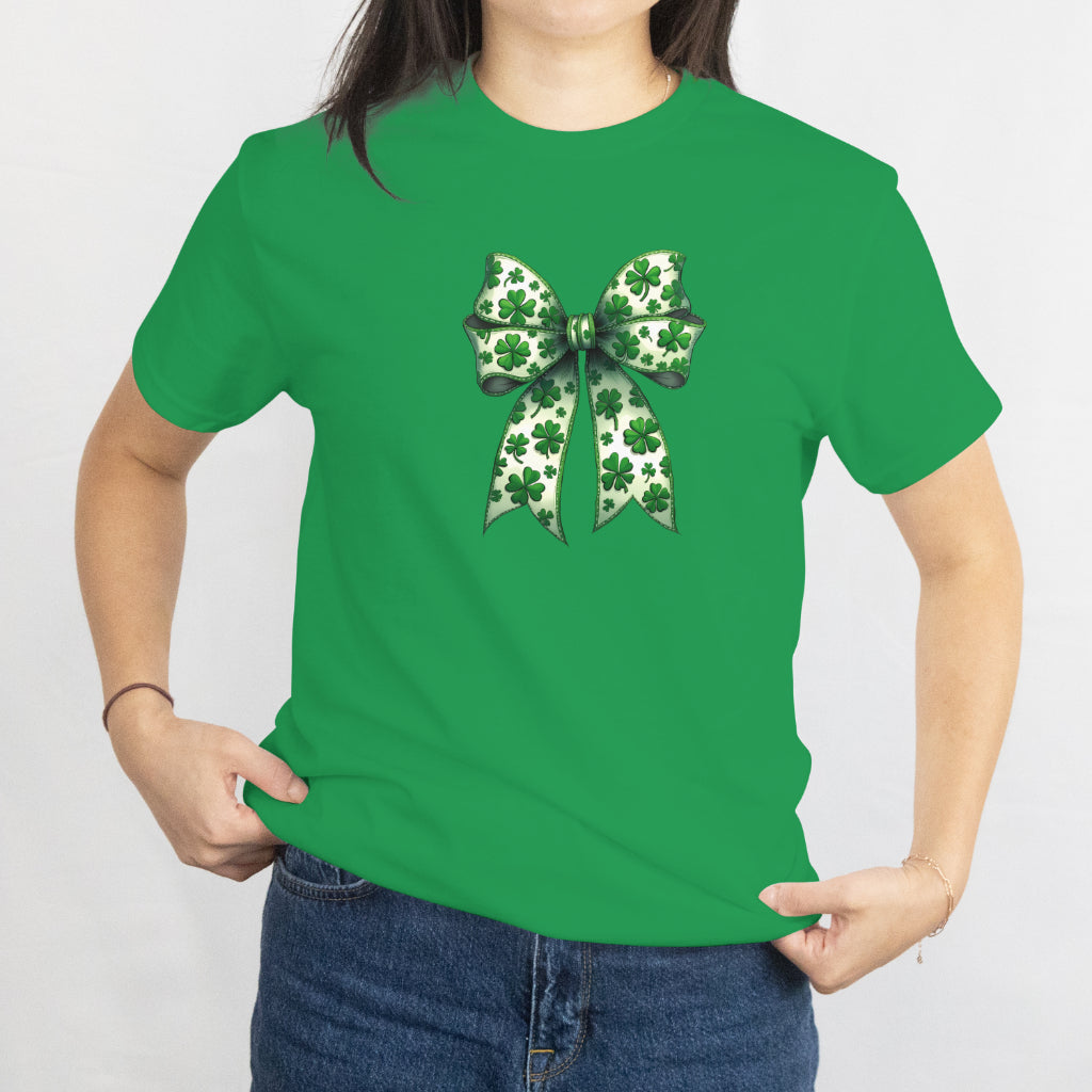 Retro Coquette Bow St. Patrick’s Day Unisex Tee – Lucky Clover Vintage Shirt