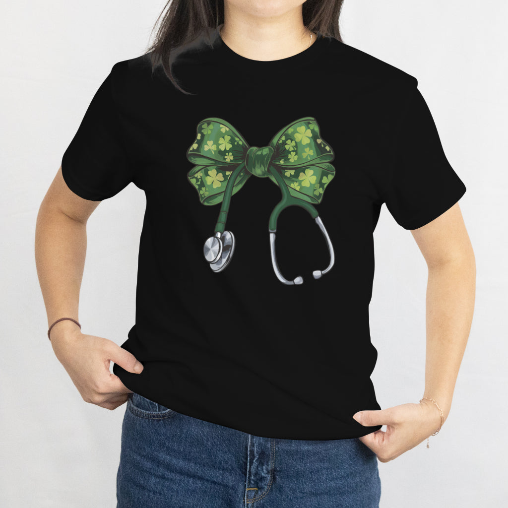 St. Patrick’s Day Nurse Unisex Tee – Cute Coquette Bow Lucky Clover Shirt